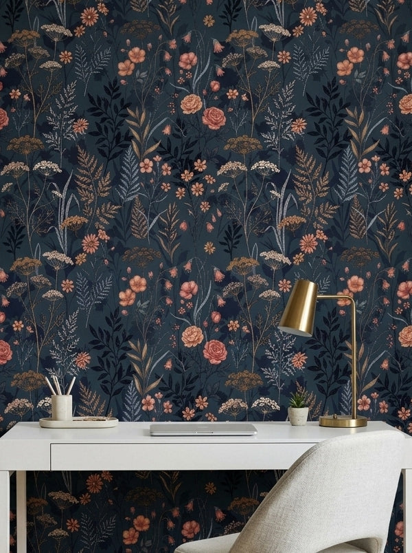 Navy meadow wallpaper in a home office.