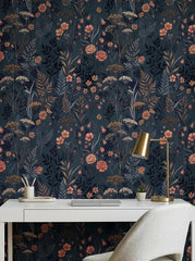 Navy meadow wallpaper in a home office.