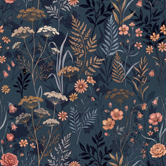 Navy meadow wallpaper with wild grasses, golden seed heads and coral flowers on a deep blue background.