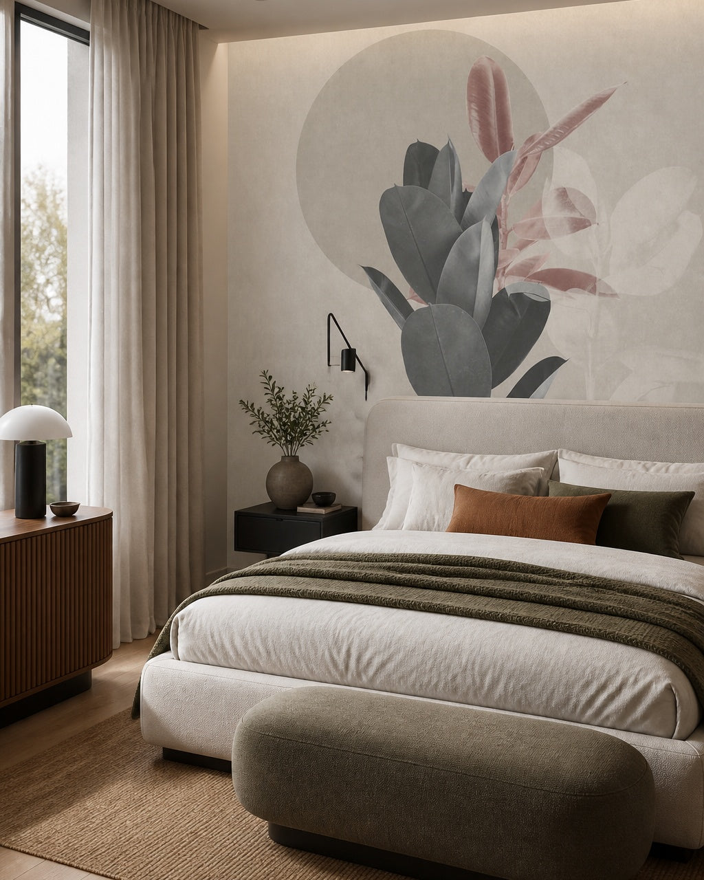 Modern botanical leaves wallpaper in a designer bedroom.