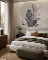 Modern botanical leaves wallpaper in a designer bedroom.
