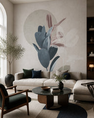 Modern botanical leaves wallpaper in a designer living room.