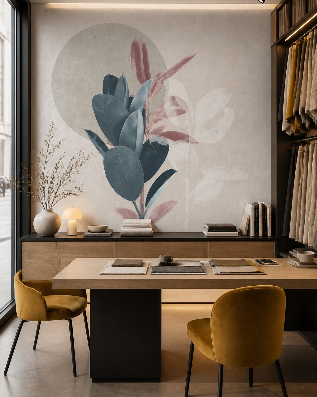 Modern botanical leaves wallpaper in a design showroom.