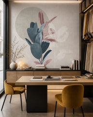 Modern botanical leaves wallpaper in a design showroom.