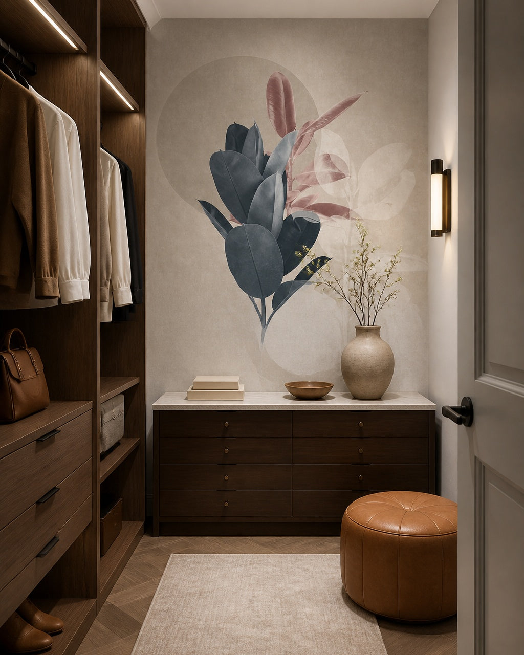 Modern botanical leaves wallpaper in a dressing room.