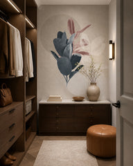 Modern botanical leaves wallpaper in a dressing room.