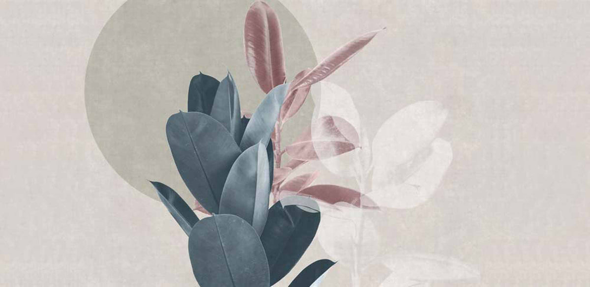 Modern botanisch bladerenbehang – blauw en roze