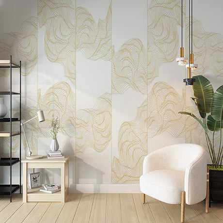 Custom Elegant Cream Wallpaper with Golden Line Art Waves