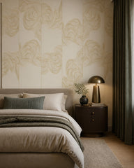 Cream and gold line art waves wallpaper in a designer bedroom.