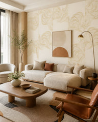 Cream and gold line art waves wallpaper in a designer living room.