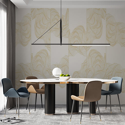 Elegant Cream Wallpaper with Golden Line Art Waves