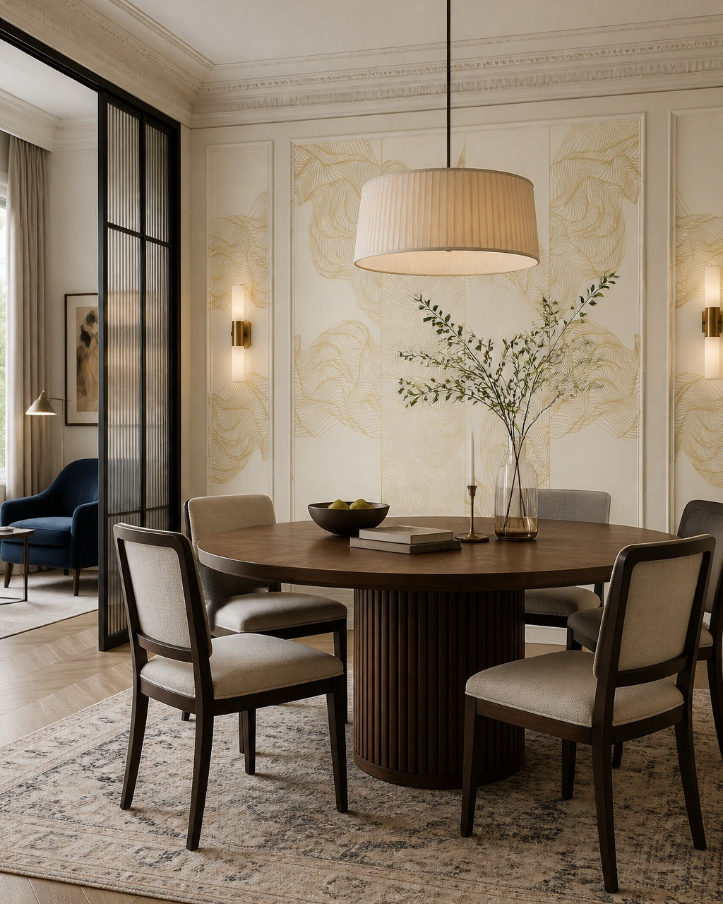 Cream and gold line art waves wallpaper in a refined dining area.