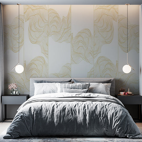 Elegant Cream Wallpaper with Golden Line Art Waves