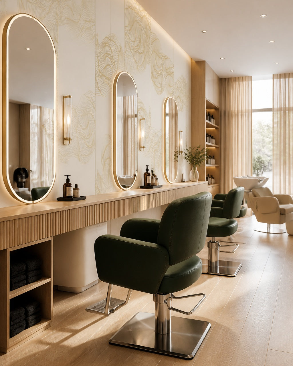 Cream and gold line art waves wallpaper in a beauty salon.