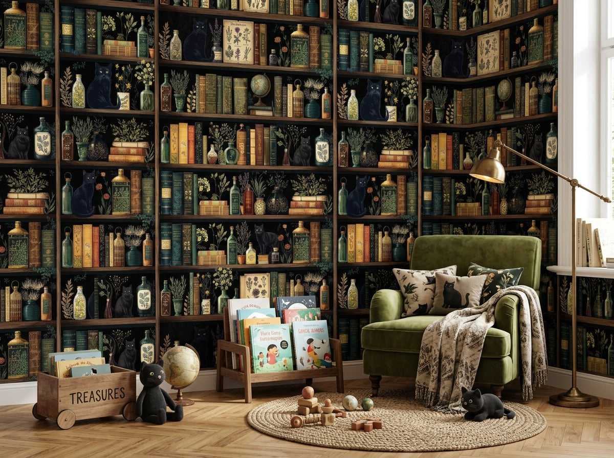 Dark academia bookshelf wallpaper in a reading nook with green armchair and kids books.