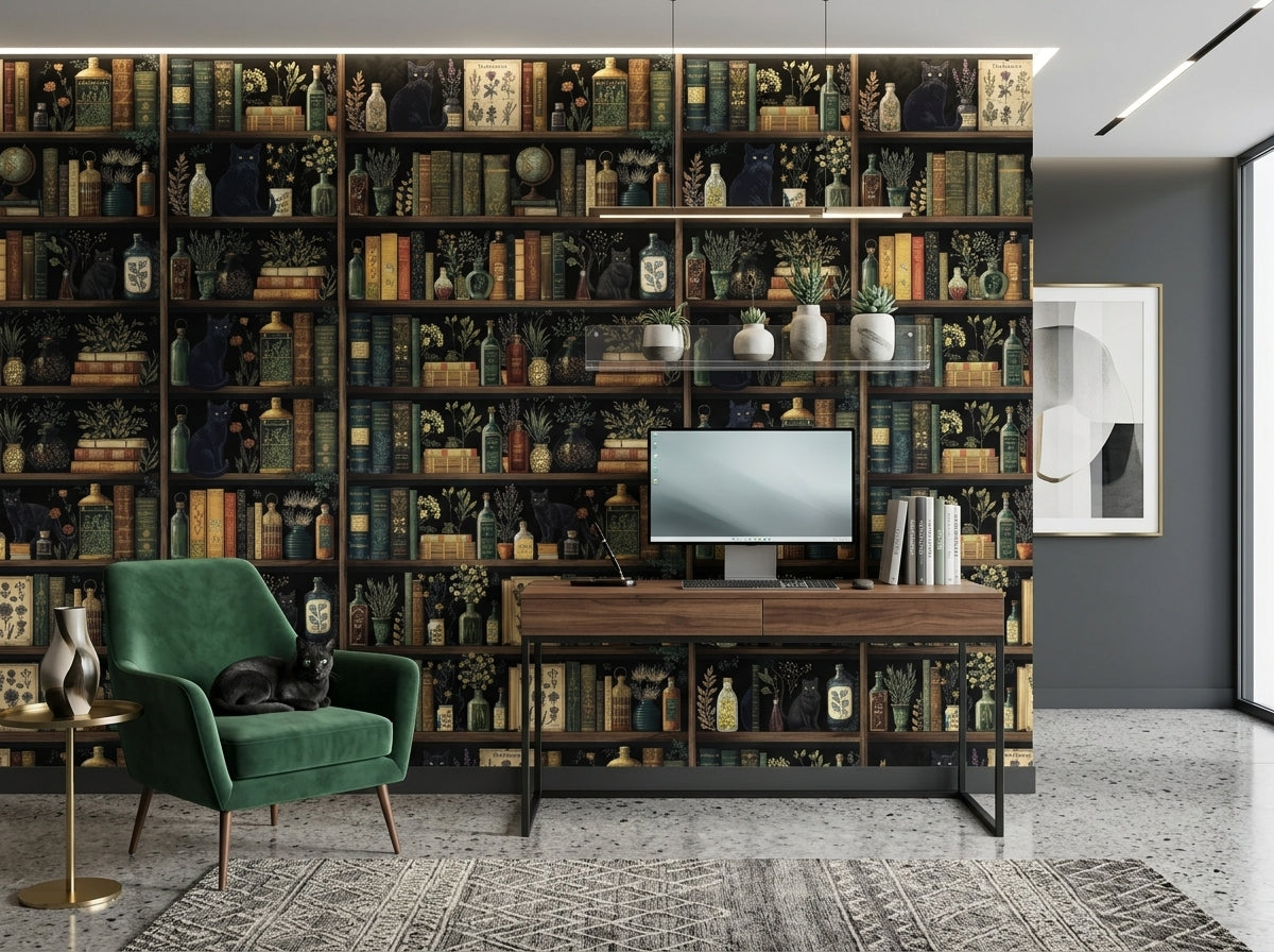 Dark academia bookshelf wallpaper in a modern home office with green velvet chair.