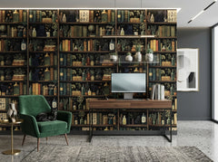 Dark academia bookshelf wallpaper in a modern home office with green velvet chair.