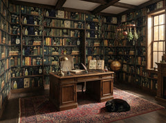 Dark academia bookshelf wallpaper in a classic study with wooden desk and sleeping cat.