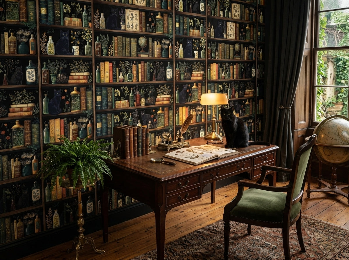 Dark academia bookshelf wallpaper in a study with desk, globe and black cat.