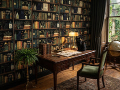 Dark academia bookshelf wallpaper in a study with desk, globe and black cat.