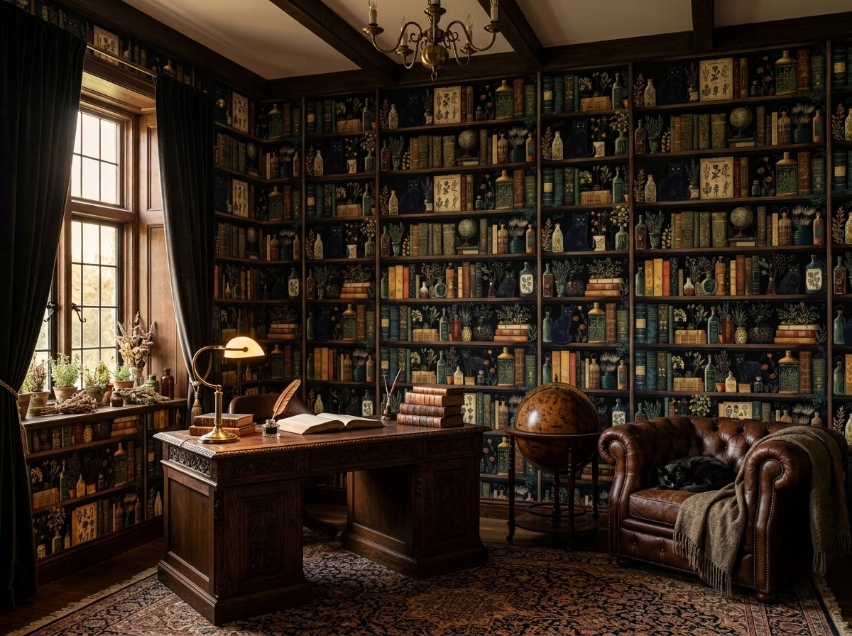 Dark academia bookshelf wallpaper in a library room with chesterfield armchair.