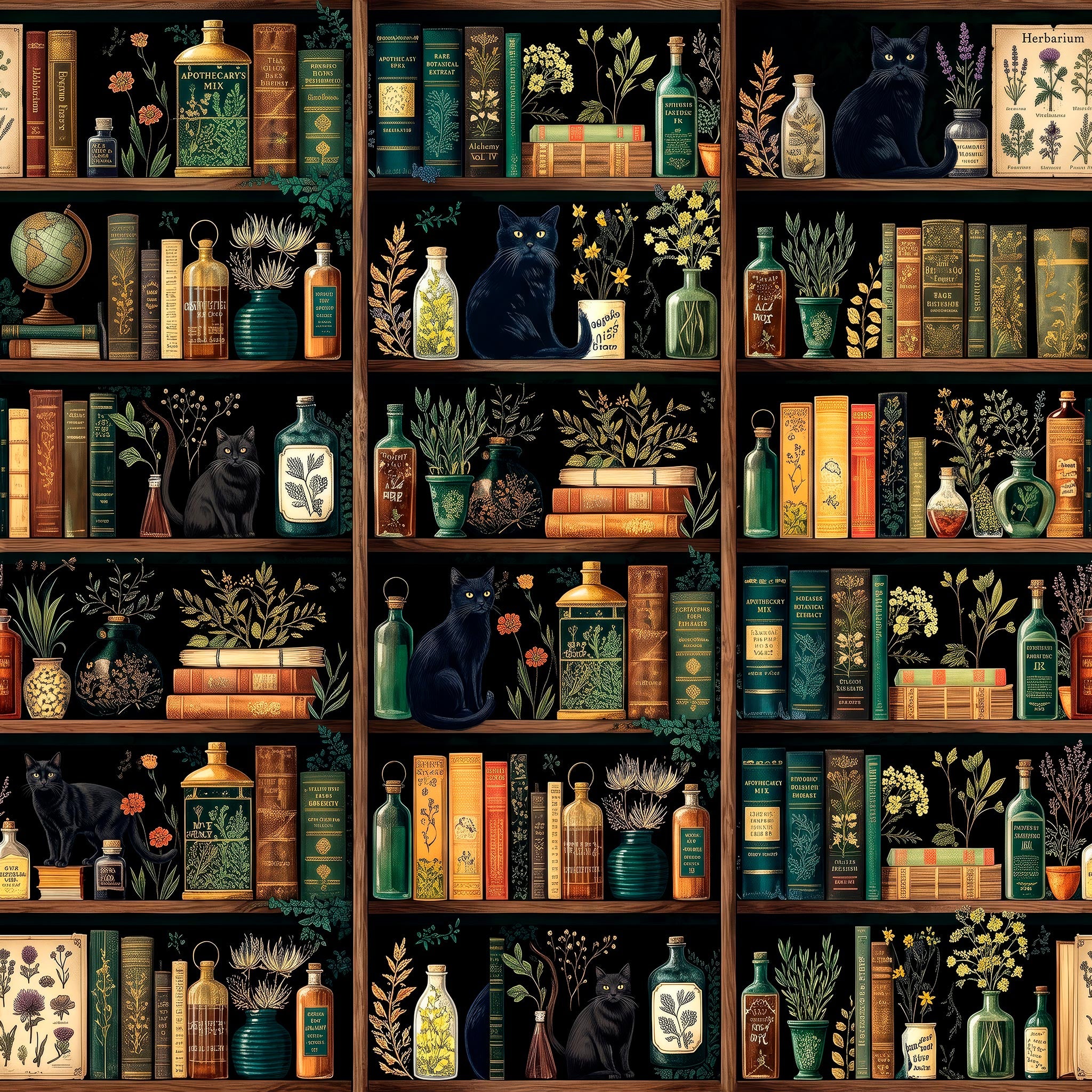 Dark bookshelf wallpaper with vintage books, apothecary bottles, herbs, globes and black cats on wooden shelves.