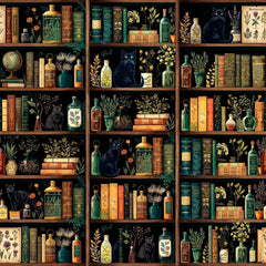 Dark bookshelf wallpaper with vintage books, apothecary bottles, herbs, globes and black cats on wooden shelves.