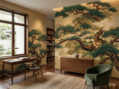 Japanese pine tree wallpaper on gold in a home office with wooden desk and green armchair.