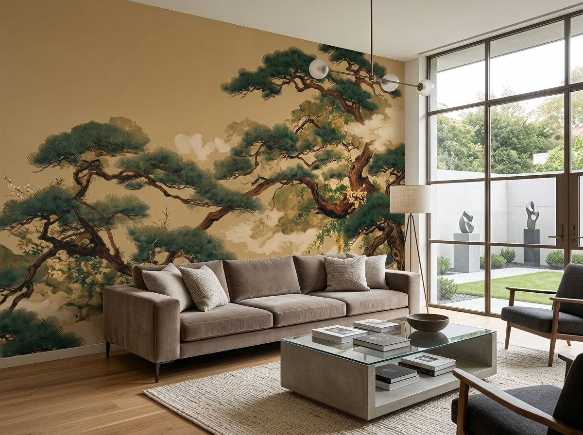 Japanese pine tree wallpaper on gold in a modern living room with glass wall.