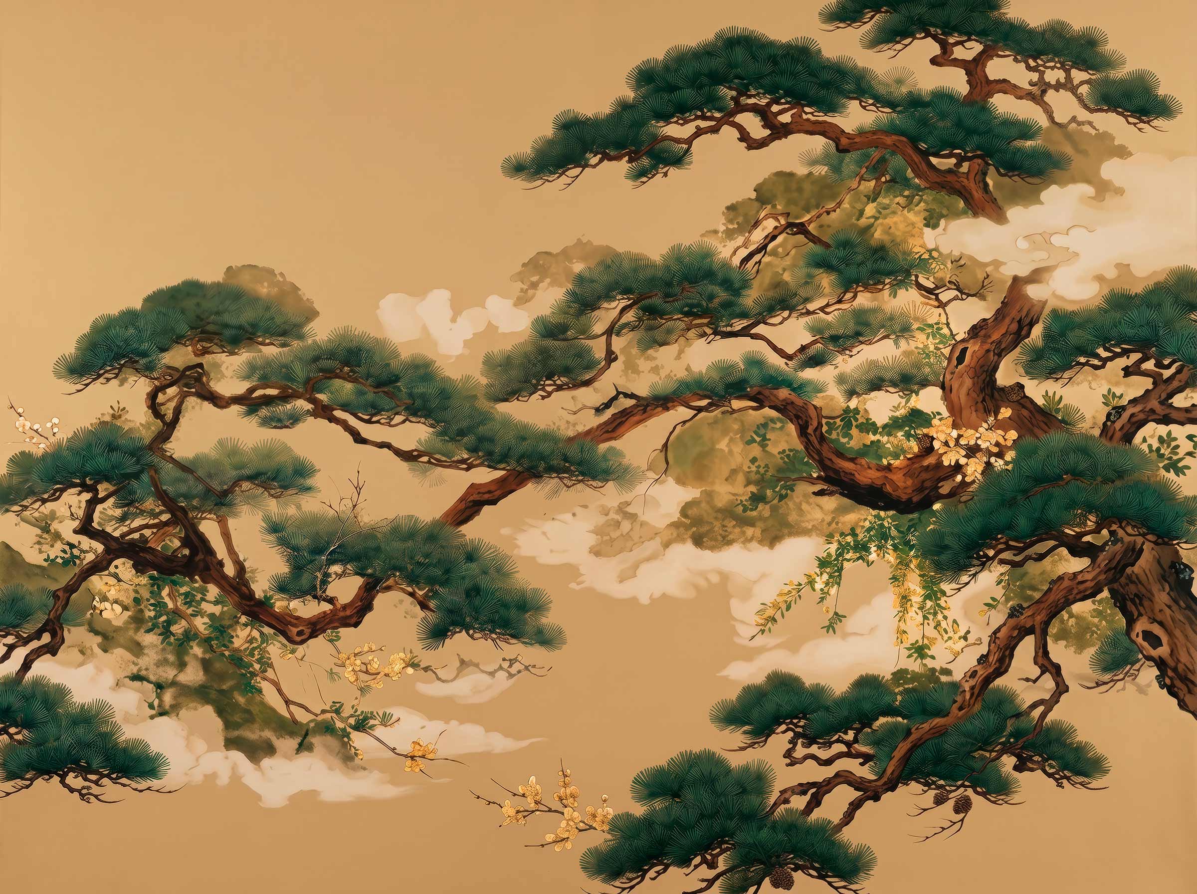 Japanese style wallpaper with dark green pine tree branches and white clouds on a golden ochre background.