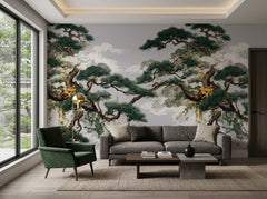 Japanese pine tree wallpaper on grey in a modern living room with grey sofa.