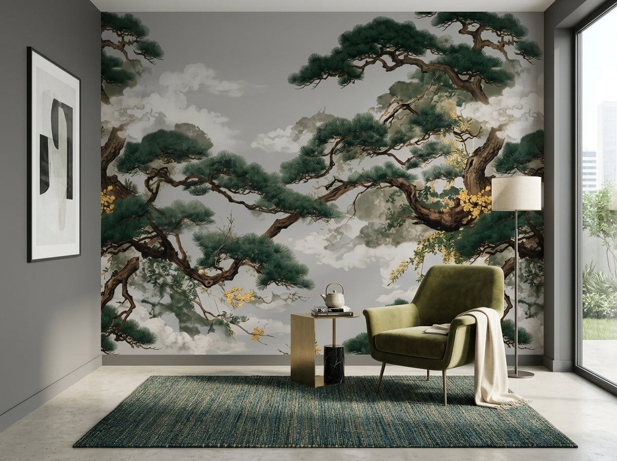 Japanese pine tree wallpaper on grey in a reading corner with olive armchair.