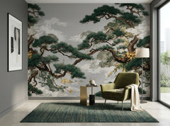 Japanese pine tree wallpaper on grey in a reading corner with olive armchair.