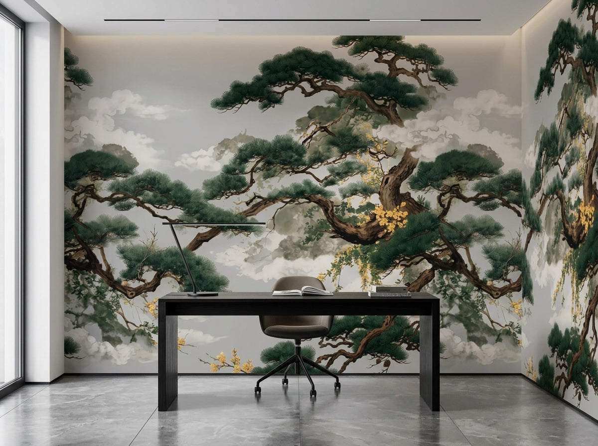 Japanese pine tree wallpaper on grey in a minimalist home office with black desk.