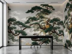 Japanese pine tree wallpaper on grey in a minimalist home office with black desk.