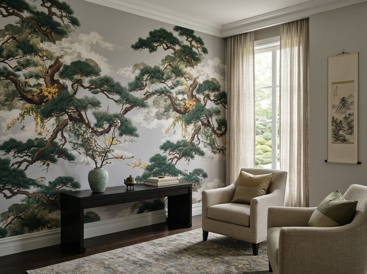 Japanese pine tree wallpaper on grey in a living room with black console and armchairs.
