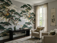 Japanese pine tree wallpaper on grey in a living room with black console and armchairs.