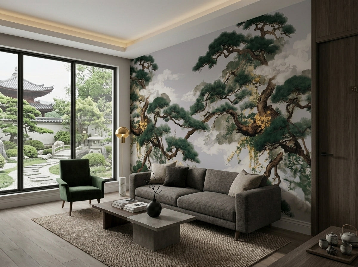 Japanese pine tree wallpaper on grey in a living room overlooking a zen garden.