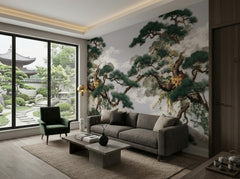 Japanese pine tree wallpaper on grey in a living room overlooking a zen garden.