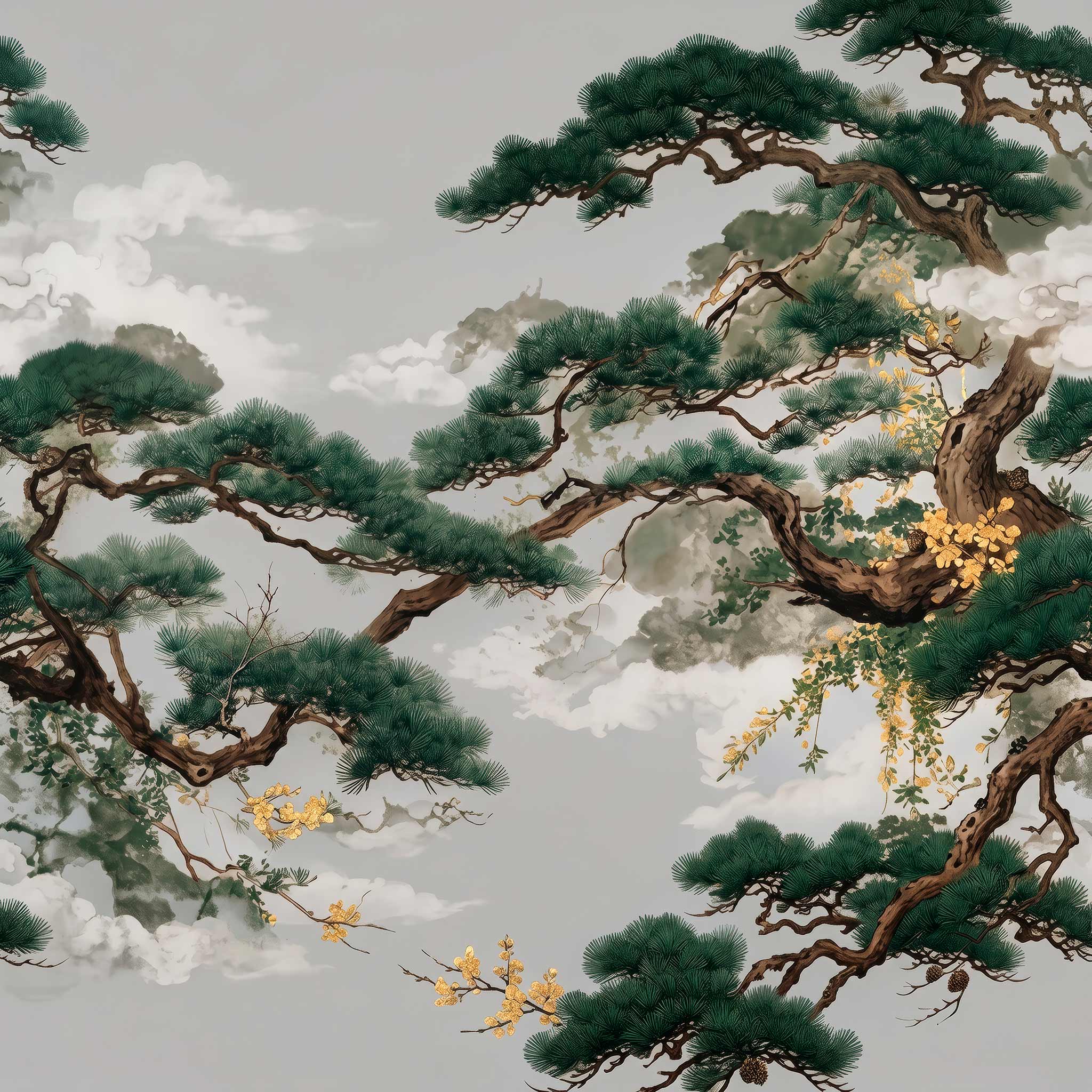 Japanese style wallpaper with dark green pine tree branches, golden blossoms and white clouds on a light grey background.