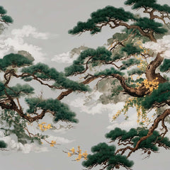 Japanese style wallpaper with dark green pine tree branches, golden blossoms and white clouds on a light grey background.