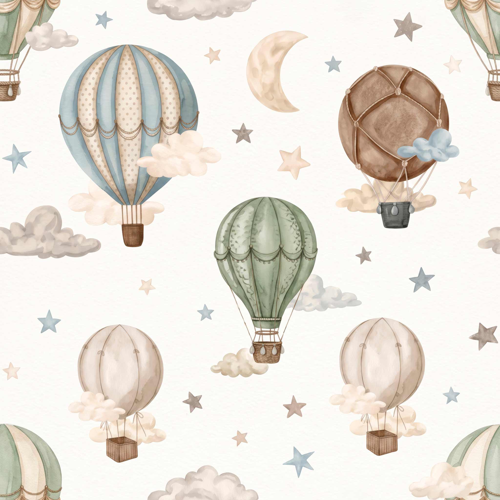 Watercolor hot air balloon wallpaper pattern with sage green, blue, beige and brown balloons, clouds, moons and stars.