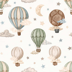 Watercolor hot air balloon wallpaper pattern with sage green, blue, beige and brown balloons, clouds, moons and stars.