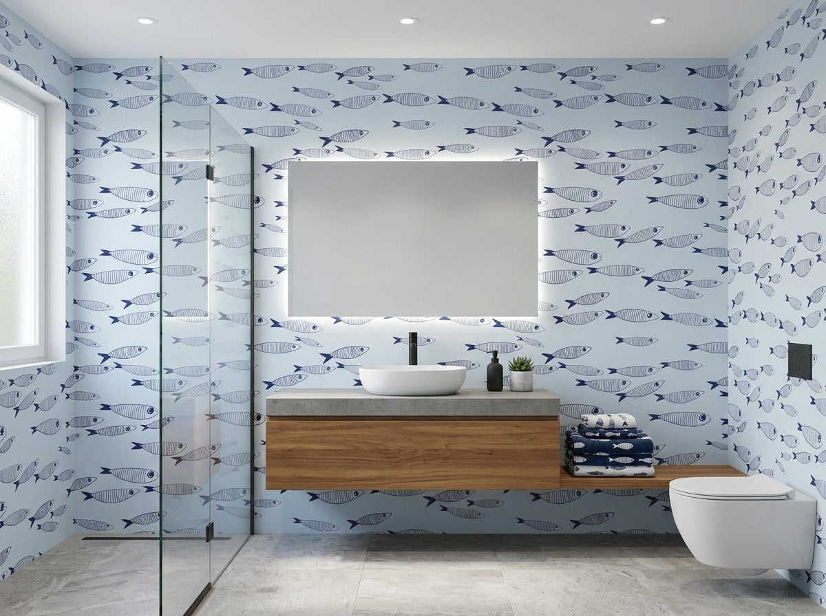 Blue fish wallpaper with hand-drawn navy fish pattern on a light blue background for coastal interiors.