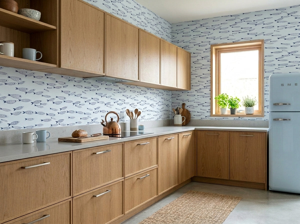 Blue fish wallpaper displayed in a natural wood kitchen with pale blue retro refrigerator and coastal decor.