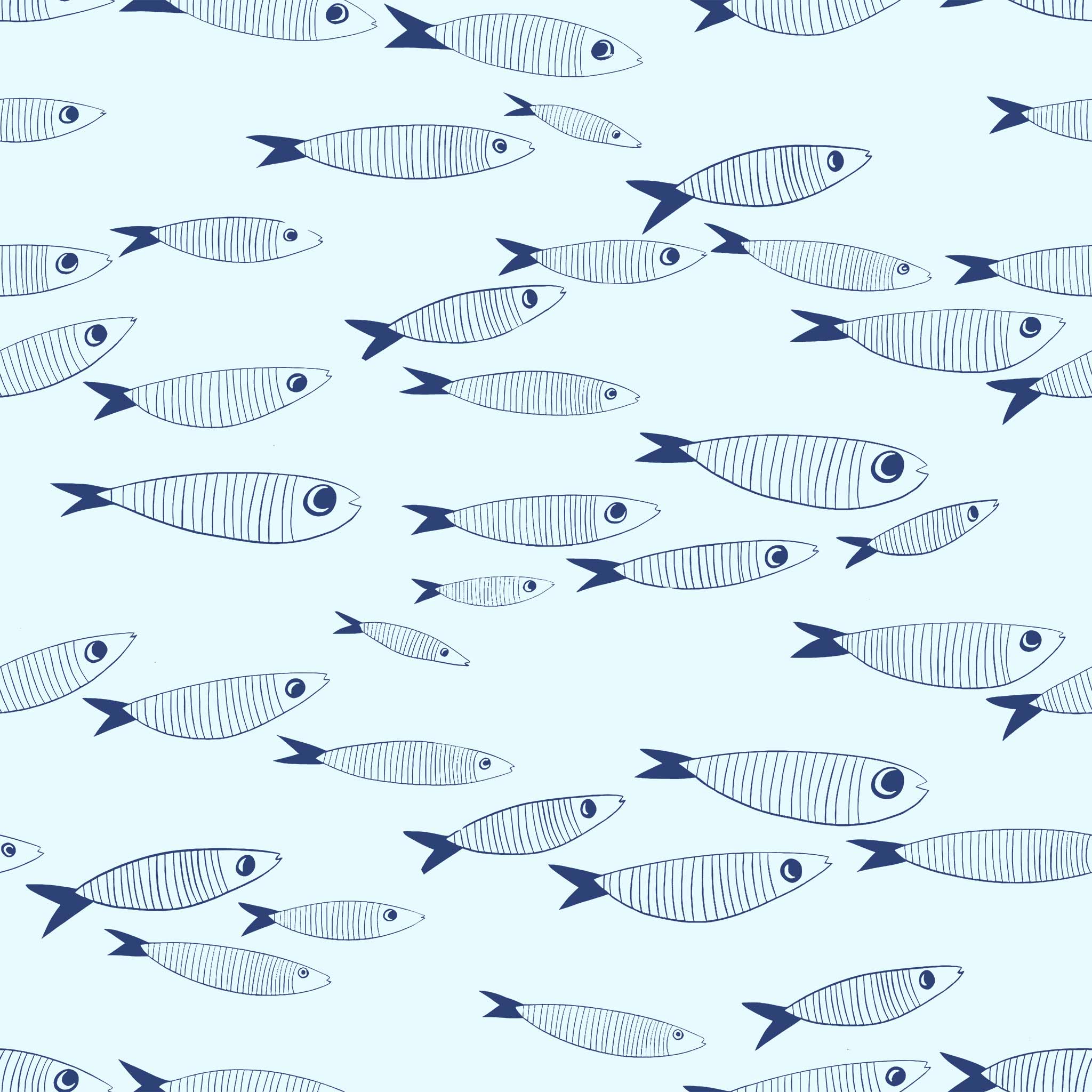 Nautical fish wallpaper used in a modern bathroom with wood vanity, round mirror and glass shower.