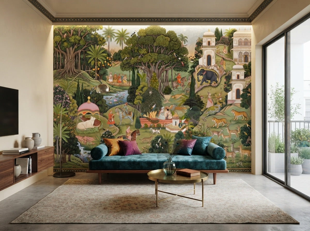 Indian miniature painting wallpaper behind a teal velvet sofa in a modern living room.