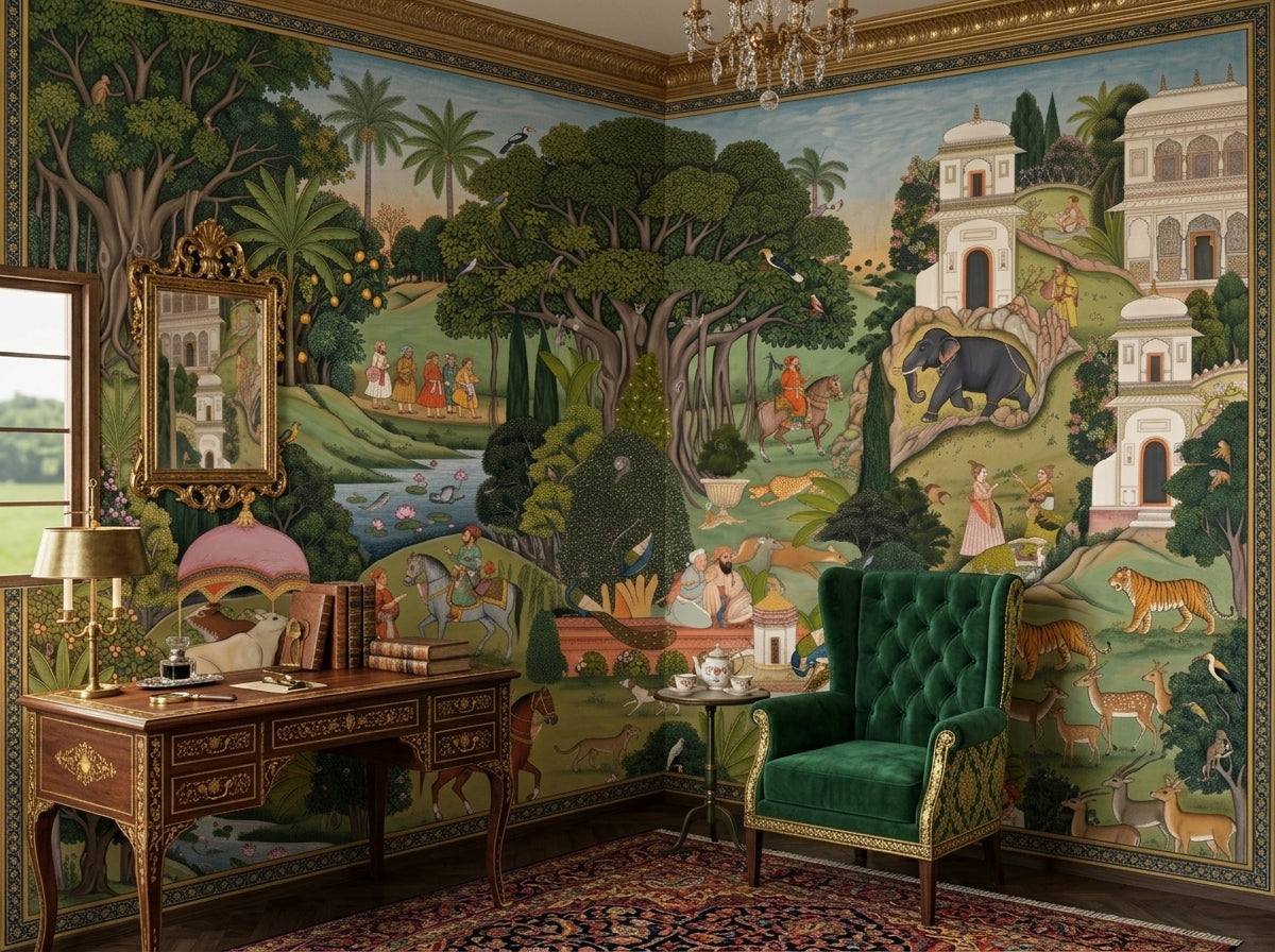 Indian miniature painting wallpaper in a study with green wingback chair and antique desk.