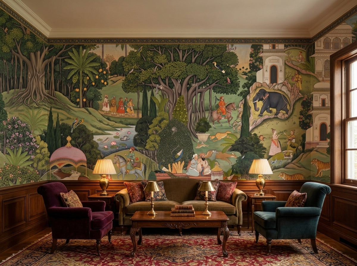 Indian miniature painting wallpaper in a maximalist lounge with velvet armchairs.
