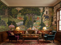 Indian miniature painting wallpaper in a maximalist lounge with velvet armchairs.